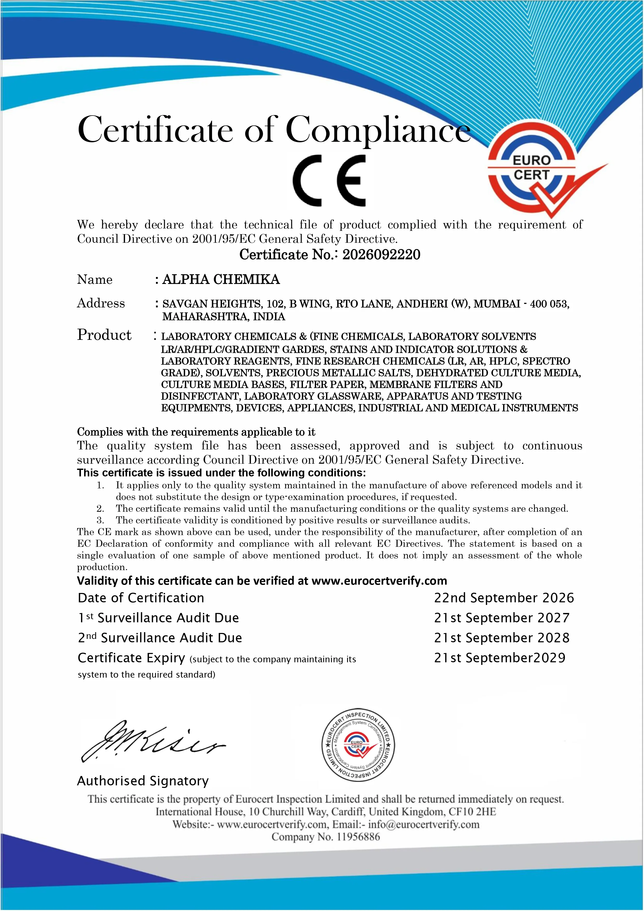 EUROCERT CE Mark Certificate